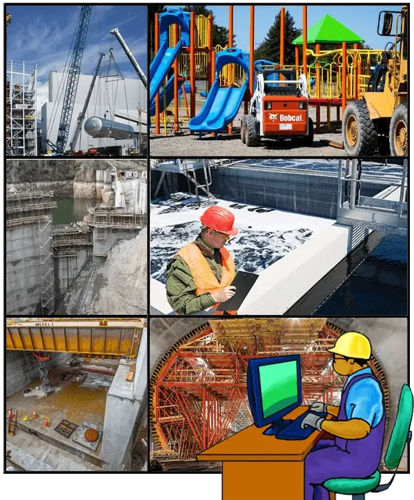 California A General Engineering Course cover: cranes, playground, dam, aqueduct, bridge, tunnel, exam prep cartoon.