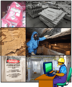California C22 Asbestos Abatement Course: asbestos waste bags, corrugated tiles, tradesman in remediation, cartoon contractor prepping for exam.