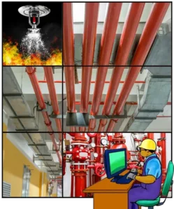 California C16 Fire Protection Course: sprinkler head, fire suppression system, pipes, valves, cartoon contractor prepping for exam