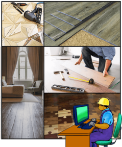 California C15 Flooring Course: inlaid, hardwood, vinyl floors, tradesman installing, cartoon contractor prepping for exam.