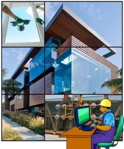 California C17 Glazing Course: tradesmen installing window, modern house, crane lifting glass, cartoon contractor prepping for exam.