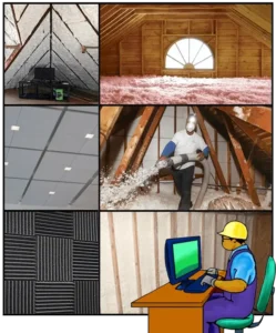 California C2 Insulation and Acoustical Tile Course cover: insulated attic, loose-fill, acoustical tiles, contractor, exam prep cartoon.