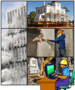 California C21 Building Moving & Demolition Course: building implosion, house transport, tradesman with sledgehammer, cartoon contractor prepping for exam.