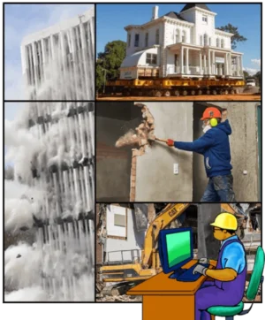 California C21 Building Moving & Demolition Course: building implosion, house transport, tradesman with sledgehammer, cartoon contractor prepping for exam.