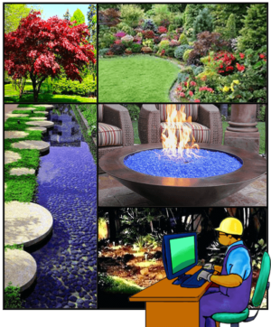California C27 Landscaping Course: trees, shrubs, flowers, water features, cartoon contractor prepping for exam.