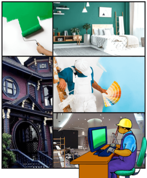 California C33 Painting & Decorating Course: green paint, accent wall, Victorian house, tradesman with color palette, cartoon contractor prepping for exam.