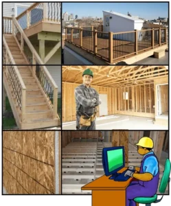 California C5 Framing and Carpentry Course cover: exterior stairway, roof deck, house framing, exam prep cartoon.