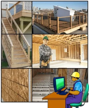 California C5 Framing and Carpentry Course cover: exterior stairway, roof deck, house framing, exam prep cartoon.