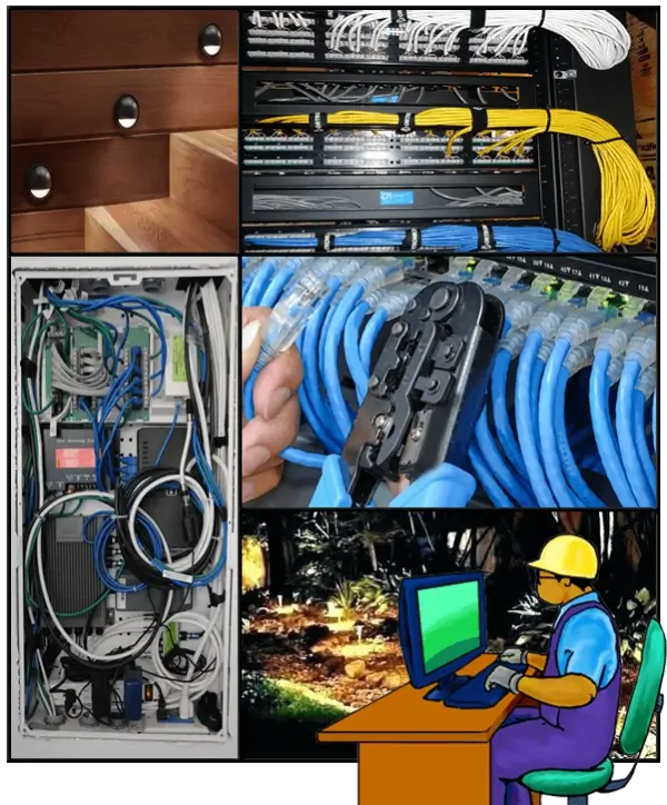 California C7 Low Voltage Systems Course cover: recessed lighting, panels, tradesman, outdoor illumination, exam prep cartoon.