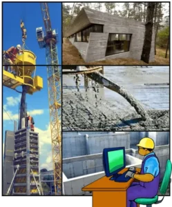California C8 Concrete Contractor Course cover: tower crane, concrete house, foundation, exam prep cartoon.