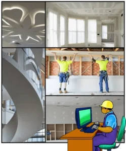California C9 Drywall Contractor Course cover: sheetrock ceiling, staircase, tradesmen, and exam prep cartoon.