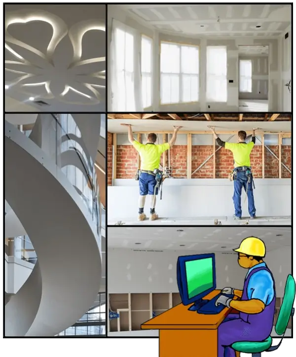 California C9 Drywall Contractor Course cover: sheetrock ceiling, staircase, tradesmen, and exam prep cartoon.