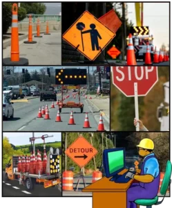 California C31 Traffic Control Course: road cones, signage, traffic control equipment, cartoon contractor prepping for exam.