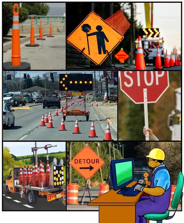 California C31 Traffic Control Course: road cones, signage, traffic control equipment, cartoon contractor prepping for exam.