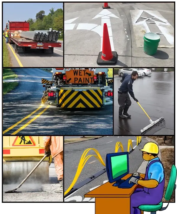 California C32 Parking & Highway Course: guard rails, directional lines, protective coating, bike lane barrier, cartoon contractor prepping for exam.