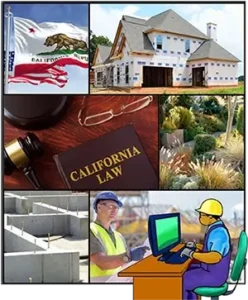 TLC Contractor Exam Course cover featuring California flag, under-construction house, law book, gavel, landscaping, foundation, and cartoon contractor at computer.