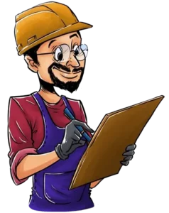TLC cartoon of bearded tradesman Joe with round glasses holding a clipboard, ready to inform you about the exam