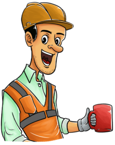TLC cartoon of a smiling tradesman in a hardhat holding a cup of coffee