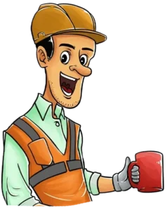 TLC cartoon of a smiling tradesman in a hardhat holding a cup of coffee
