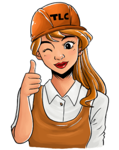 TLC cartoon of tradeswoman in a TLC hardhat giving a thumbs-up and winking.