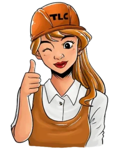 TLC cartoon of tradeswoman in a TLC hardhat giving a thumbs-up and winking.