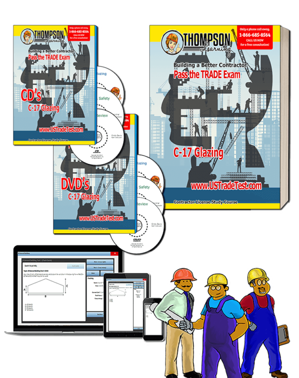 C-17 Glazing Carpentry Contractor exam course with C-17 manual CD's DVDs & online practice tests
