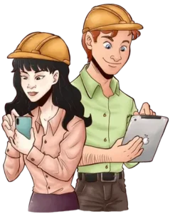 TLC cartoon of a male and female tradespeople using a cell phone and a tablet to take a TLC free online practice quiz